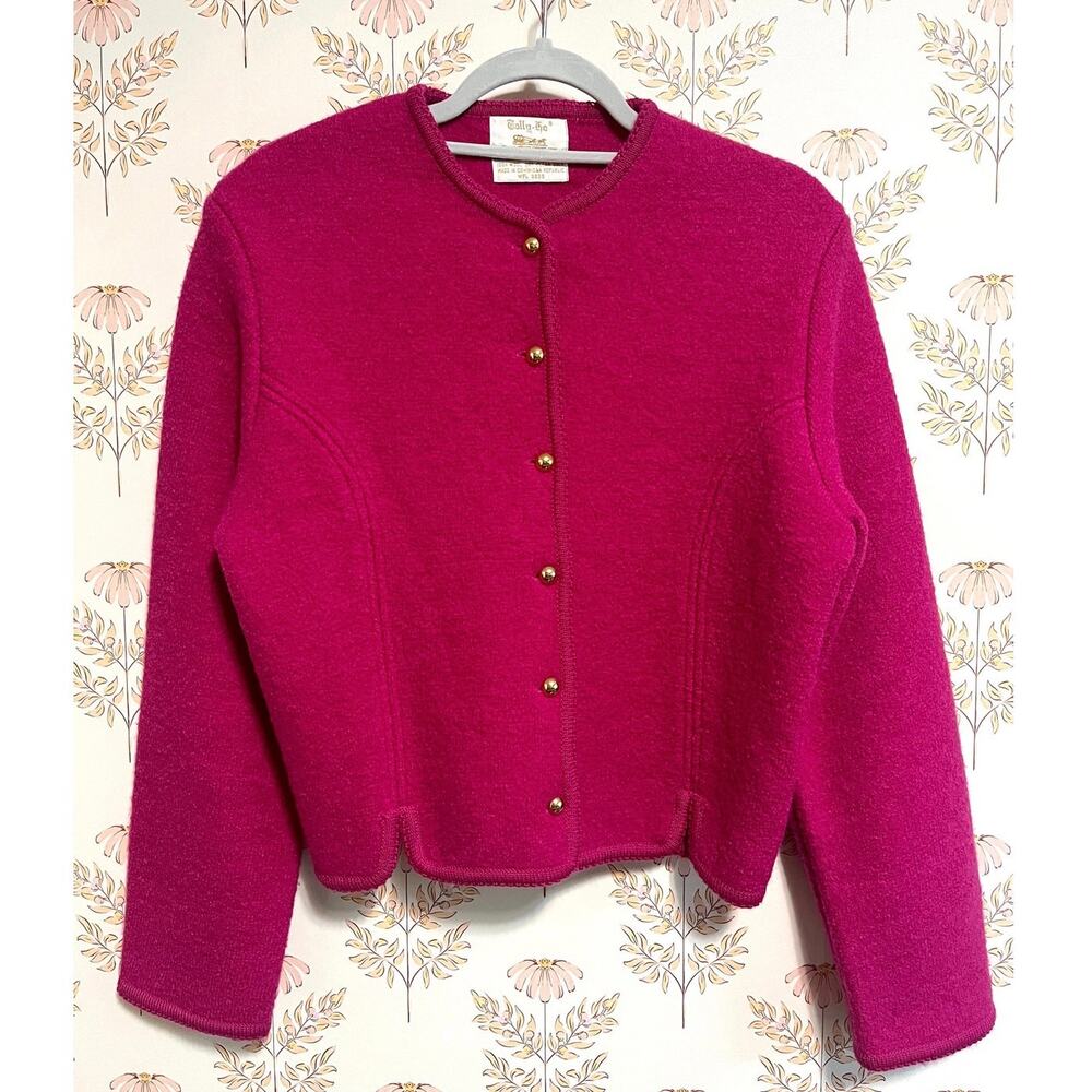 Vintage Tally-Ho Wool Cardigan Sweater, Hot Pink, Brass buttons